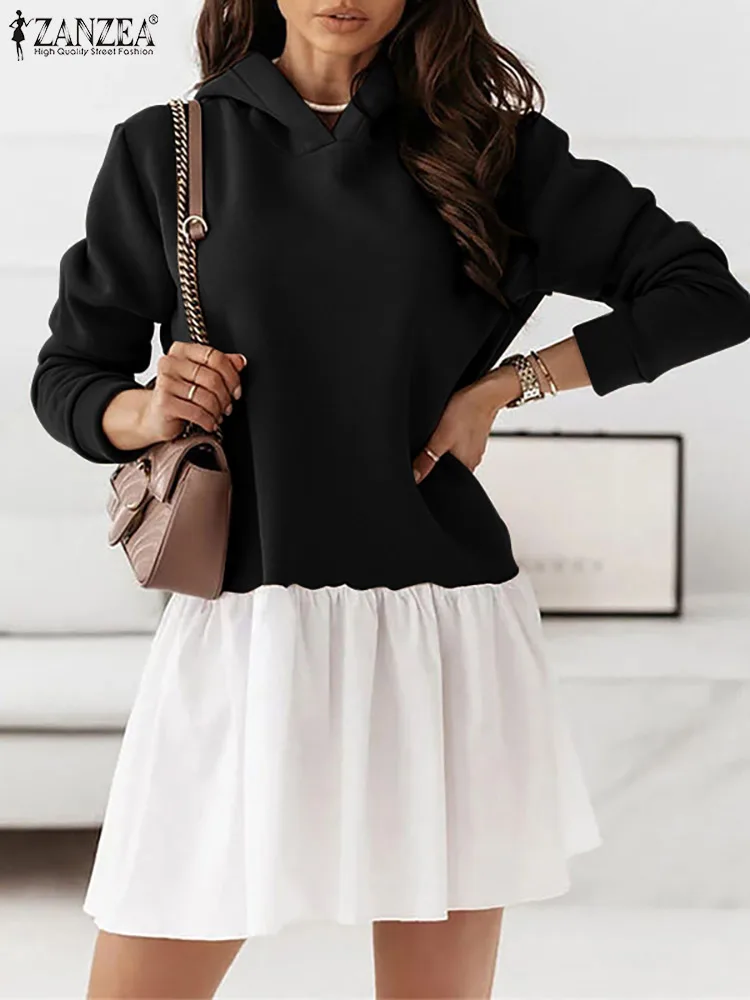 

ZANZEA 2022 Осенняя мода свитер с капюшоном платья праздничные гофрированные сшитые Мини Платья повседневные свободные халаты с капюшоном