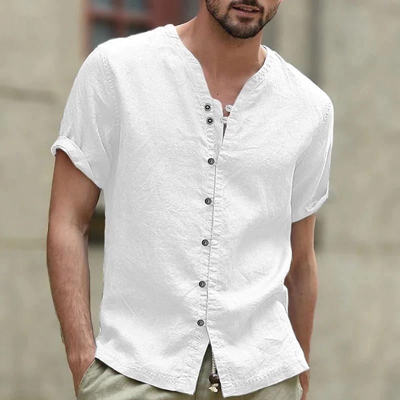 

Summer Men's Solid Color V-Neck Cotton And Linen Short Sleeve Casual Breathable Shopping Style Large Size Men's Short Sleeve Shi