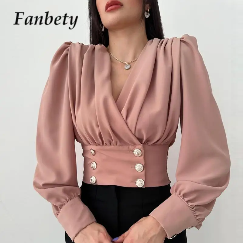 

Elegant Office Lady Shirt Fashion V-Neck Lantern Long Sleeve Short Blouse Fashion Solid Color Double Breasted Waisted Tops 2023