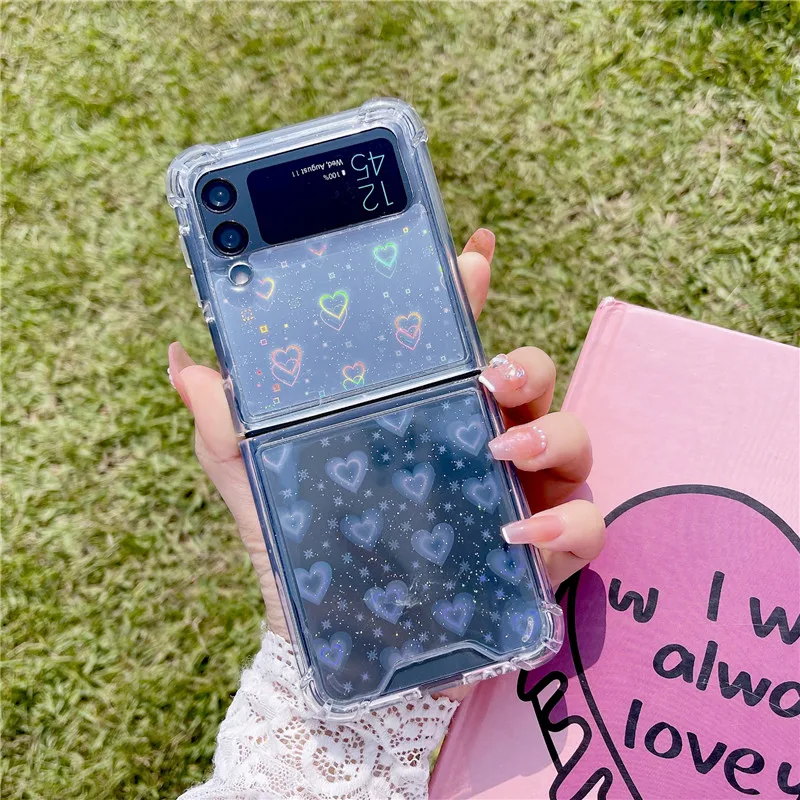 

For Samsung Z Flip 4 3 Case Laser Love Transparent Folding Phone Case For Samsung Z Flip 3 5G ZFlip4 Shockproof Hard Back Cover