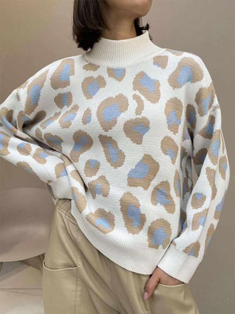 

Women's Sweater Turtleneck Leopard Knitted Ladies Pulovers Long Sleeve O Neck Autumn and Winter Fashion Women Sweaters 2023