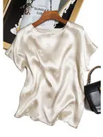 2022 Women's Fashion Design Summer New Soft Waxy Milky White Heavy Silk Silk Jacquard Satin Short Sleeve T-shirt Round Neck Top