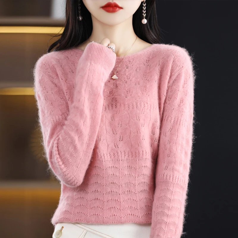 

Женский кашемировый свитер из 100% шерсти, жаккардовый ажурный бесшовный вязаный пуловер с круглым вырезом, мягкий высококачественный свитер