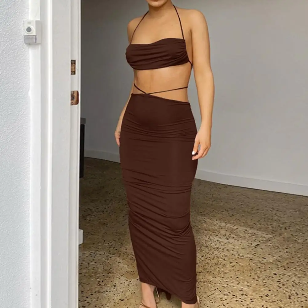 

Wild 2 Pcs/Set Chic Sleeveless Lace Up Club Top Skirt Set Ankle Length Tube Top Skirt Suit Hollow Out Model Clothes