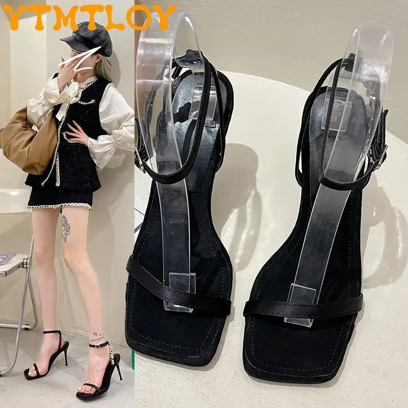 

French Retro Stiletto Sandals Women's Summer Mid-heel 2021 New Word With Clip-toe Fairy Roman Sandals Ins