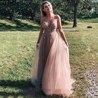 dress 2022 women pink prom dress elegant spaghetti straps crystal beaded evening party gowns longo backless evening dreses