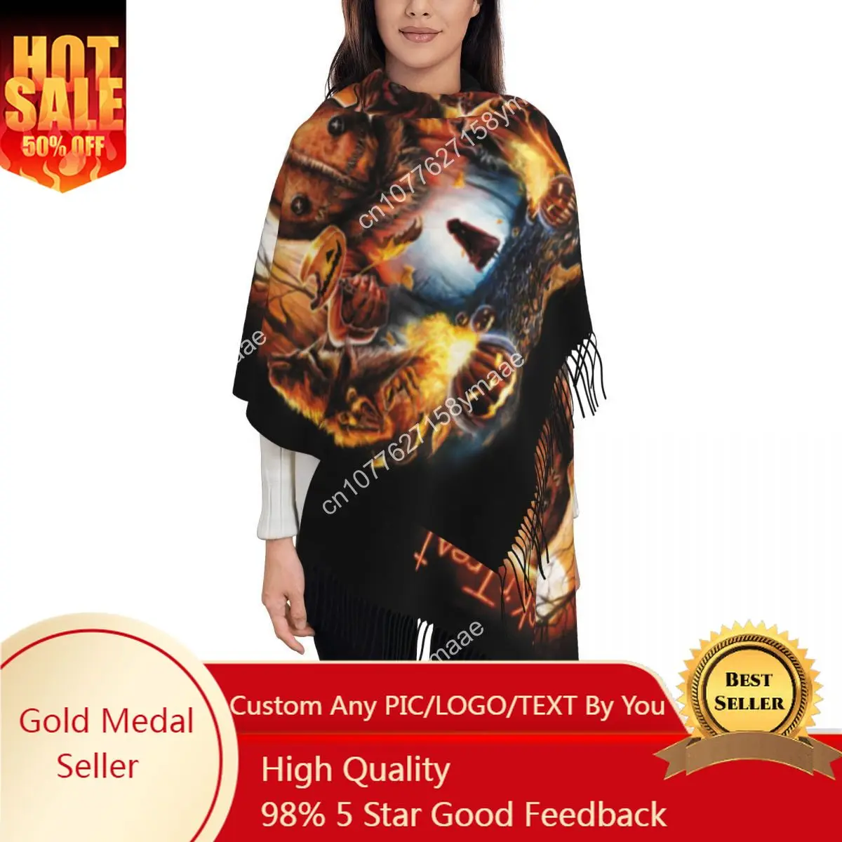 

Custom Halloween Horror Movie Sam Trick 'R Treat Pumpkin Skull Tassel Scarf Women Soft Shawl Wrap Ladies Winter Fall Scarves