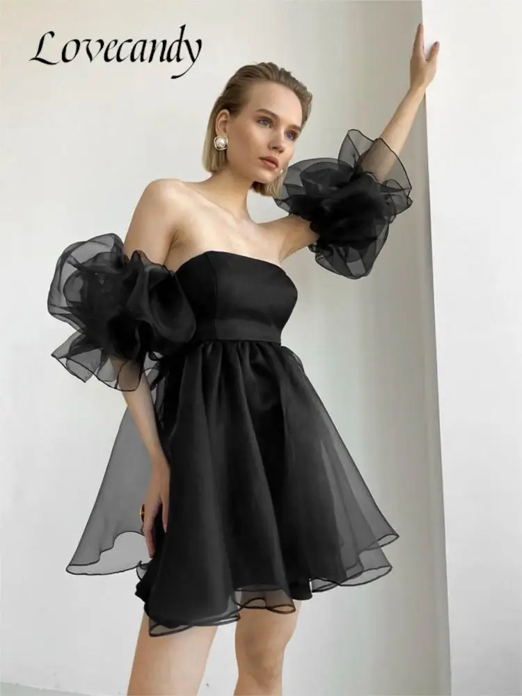 

Платье-мини женское Сетчатое с открытыми плечами, коротким рукавом и оборками