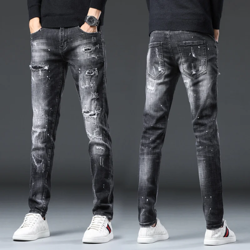 

New black four seasons slim Vintage Jeans elastic hole fashion men's heavy craft jeans jeans vintage