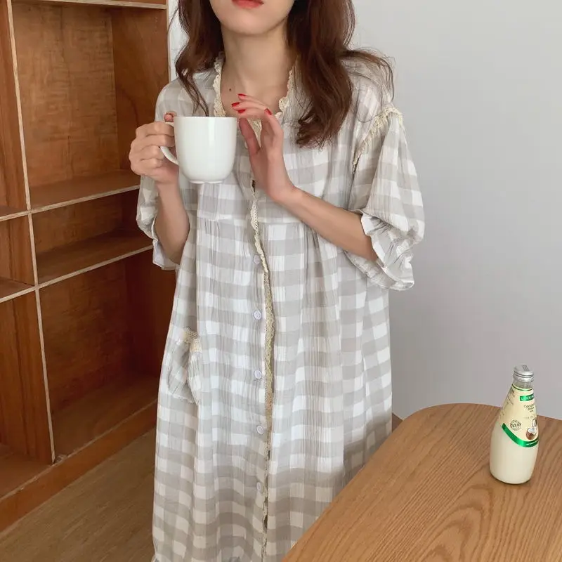 QWEEK Night Dress Women Sleepwear Korean Style Plaid Ruffles Nightgown Buttons Sleepshirt Summer Autumn Home Clothes Nightwear