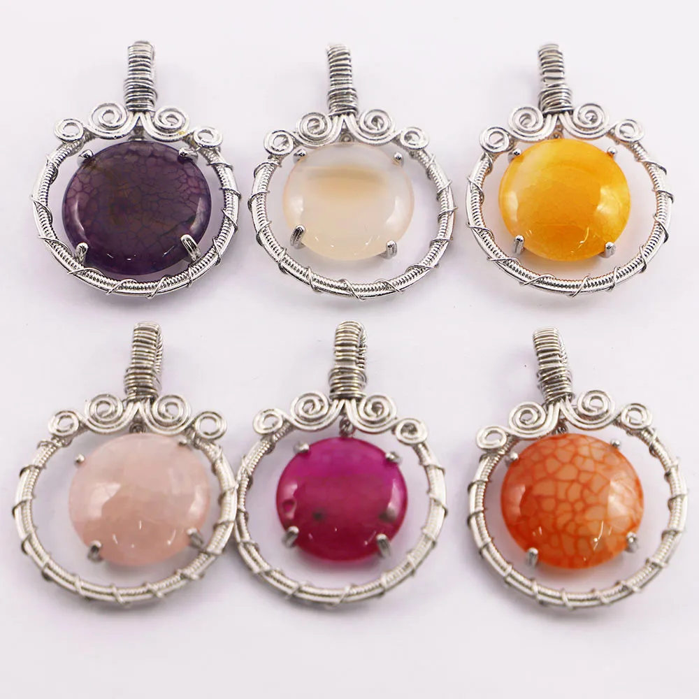 Exquisite Natural Stone Round Pendant Necklace Handmade Wound Decoration DIY Fashion Reiki Jewelry Accessories Wholesale 3Pc/Lot