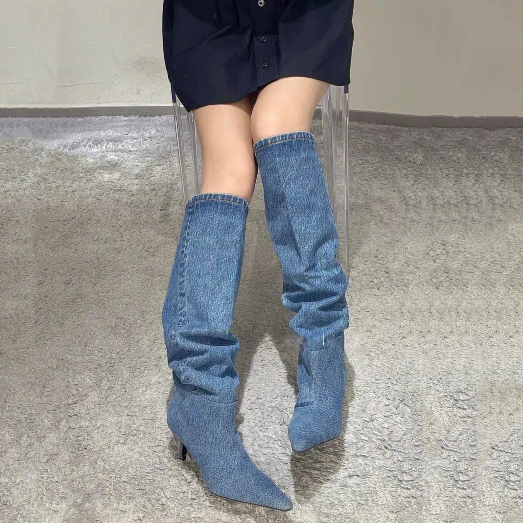 New Pointed Toe Denim Pile Boots Stiletto Boots Women's Knee High Slip On Shoes For Woman