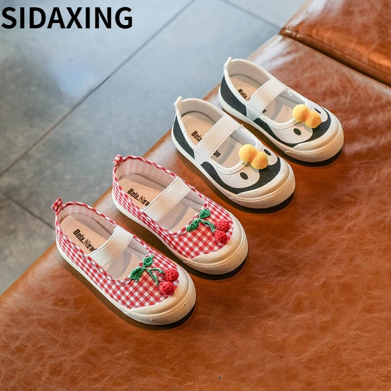 

Striped Plaid Canvas Shoes for Girls Lovely Strawberry Shallow Mouth Single Shoes Cartoon Penguin Indoor Casual Shoe