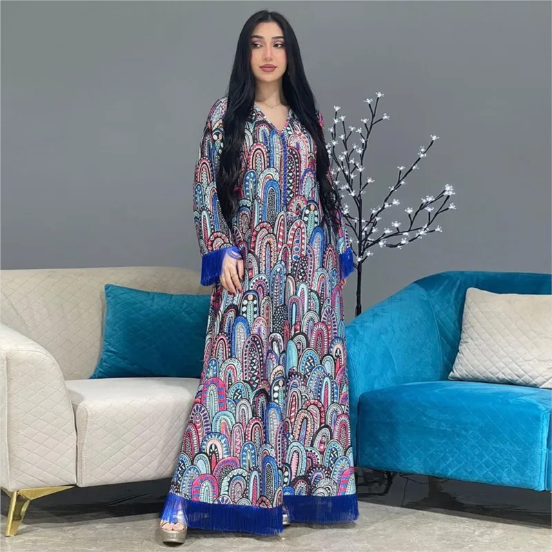 Muslim Maxi Dress Elegant Casual Women Robe African Dress Arabian National Costume Printed Tassel Long Sleeve Dress 2023 Vestido