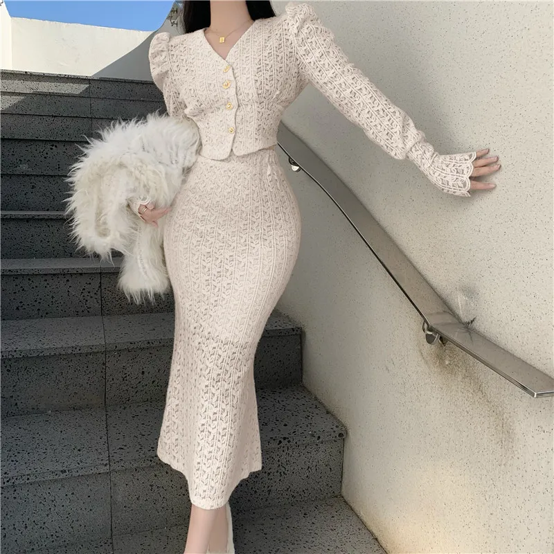 

Spring Fall Fashion 2 Piece Lace Dress Sets Long Sleeve Slim Crop Top Shirt&High Waist Pencil Skirt Sets Elegant Lady 2pc Suits