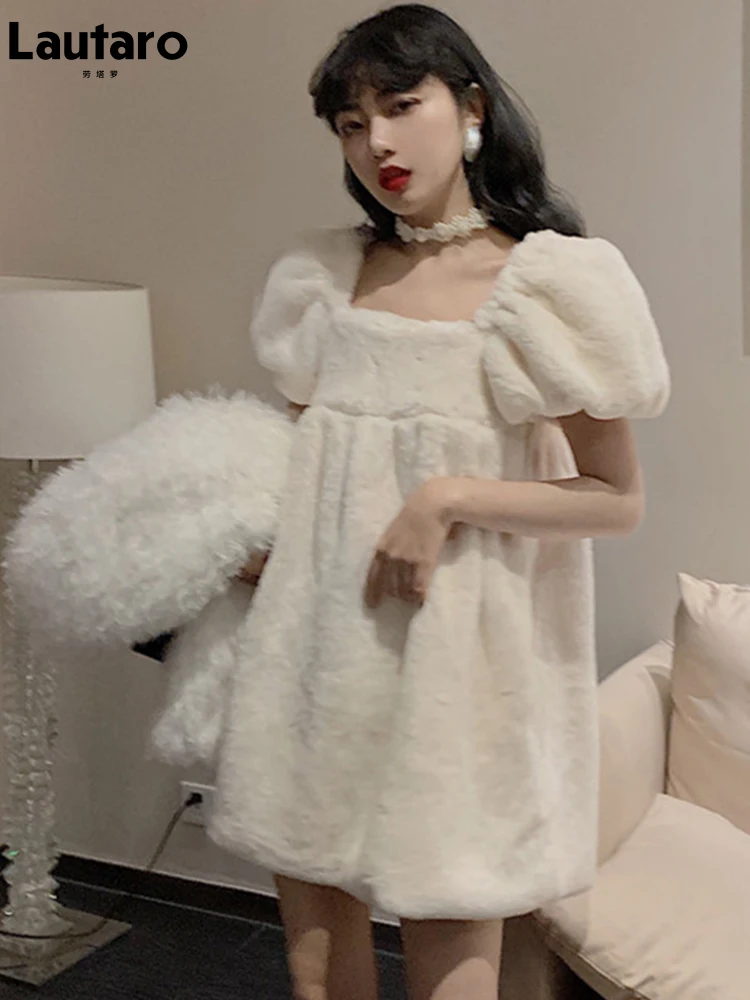 Lautaro весна осень мини милое стильное белое пушистое мягкое платье из