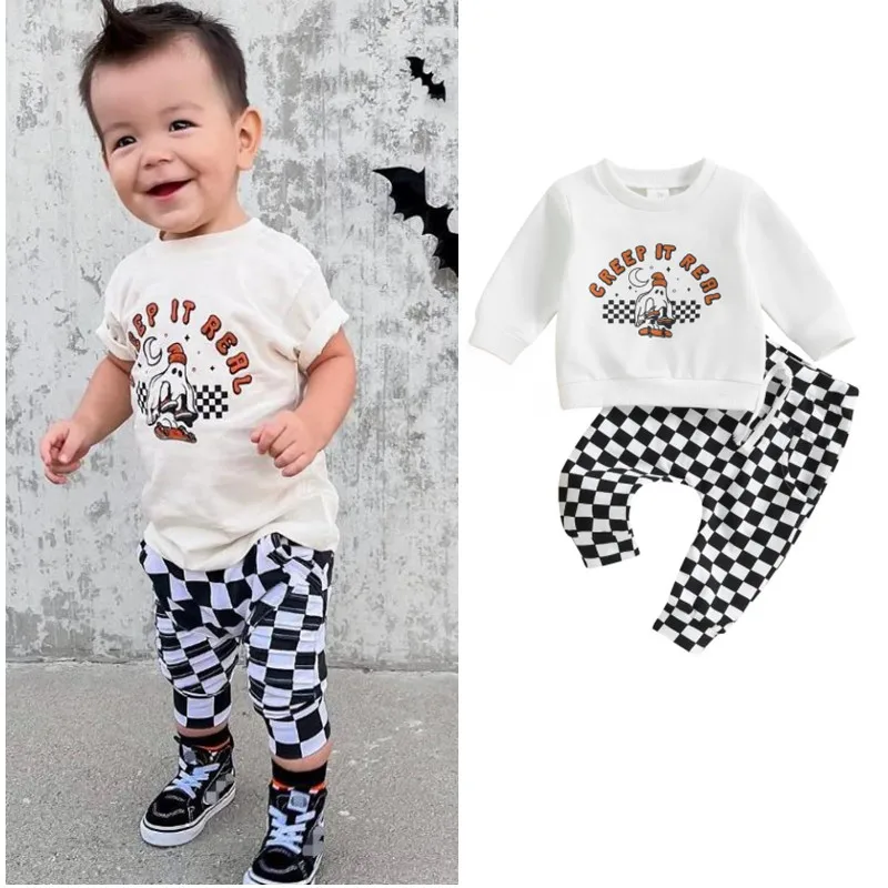 

Милый детский осенний комплект, свитшот с длинным рукавом и круглым вырезом с надписью и призрачным принтом и клетчатые спортивные брюки, одежда для Хэллоуина для девочек и мальчиков