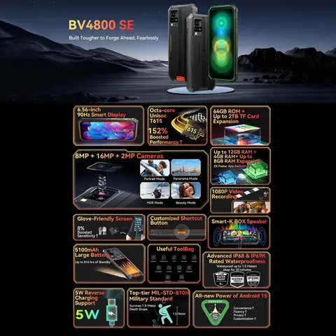 Blackview BV4800 SE Rugged Smartphone 6.56 inch HD+ IPS 4GB+64GB 5100mAh Battery 16MP Camera 4G Android 14 Mobile Phone NFC