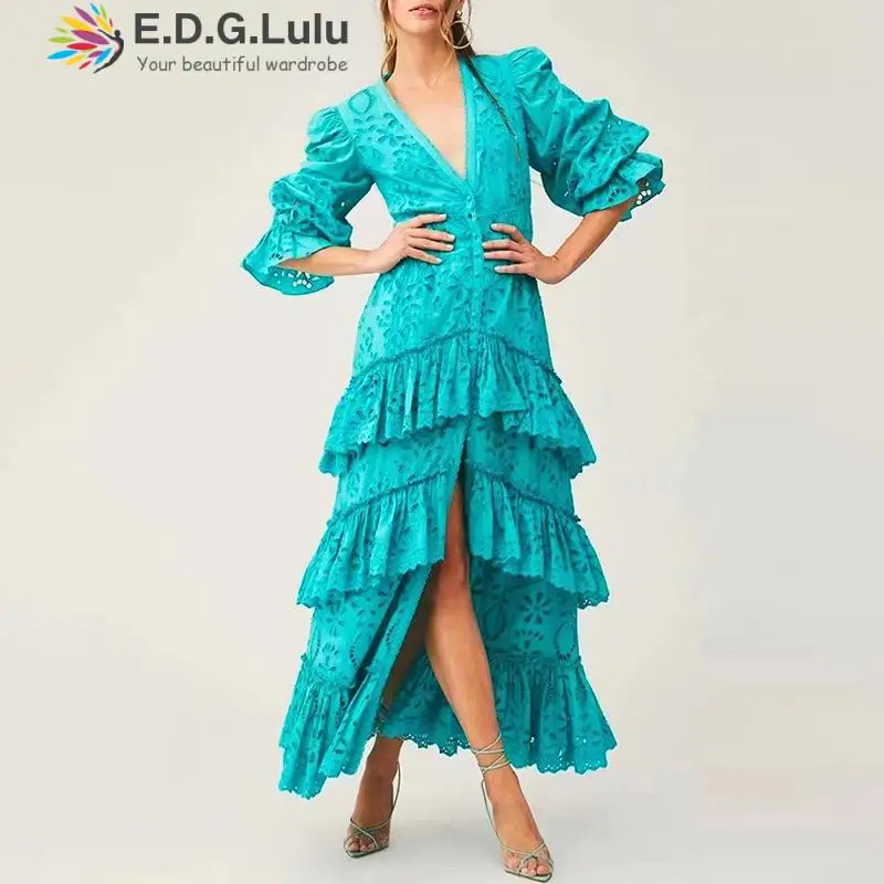 

EDGLuLu V-neck Puff Sleeve Pink Purple Dress Women Elegant Luxury Cutout Embroidered Cascaded Ruffles Party Evening Dress 0809