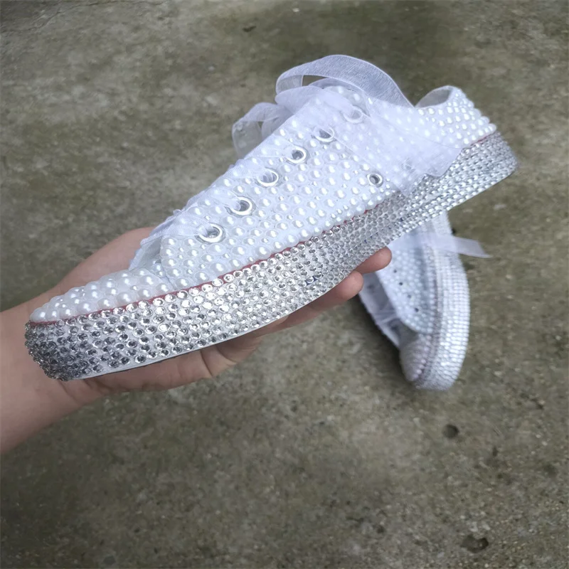 Handmade custom rhinestone pearl stitching ribbon trim simple fashion all-match canvas shoes women's large size 35-46