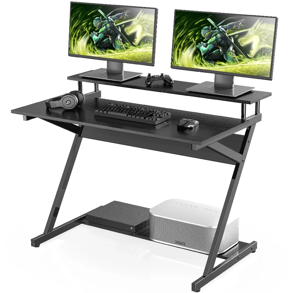 

FITUEYES 39.4" Computer Desk with 2-Monitor Shelf & Office Storage Shelves, Black