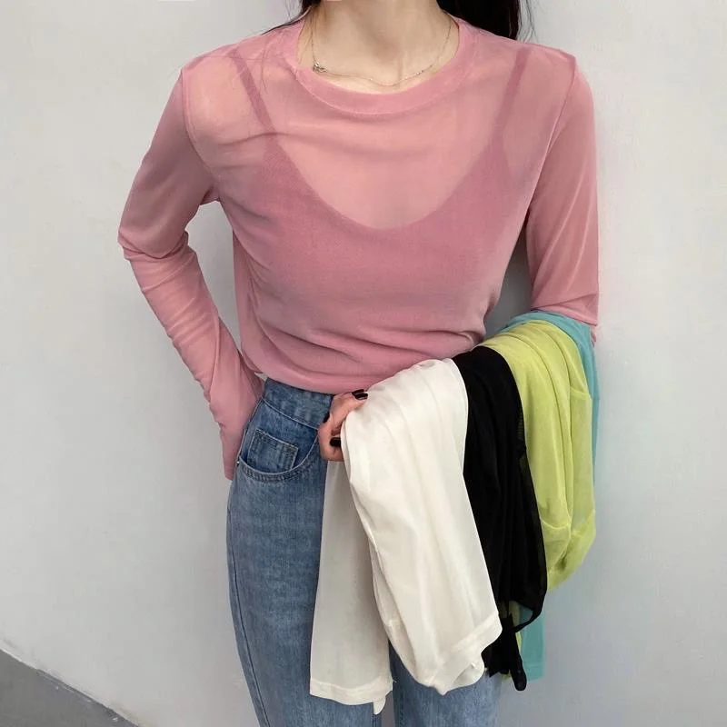 

Y2k Women's Mesh Top Shirt Korean Ins Thin Breathable Candy Color Pile Neck Long Sleeved Summer Transparent Turtleneck T Shirt