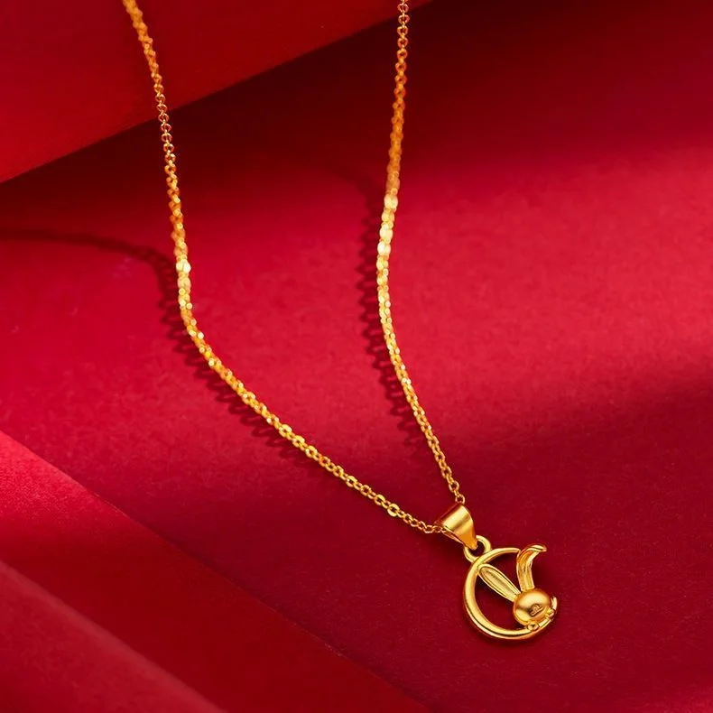 

24k Gold Necklace 2023 New Year of Rabbit Pendant Thousand Foot Gold Chain Set Jewelry for Women's Gifts
