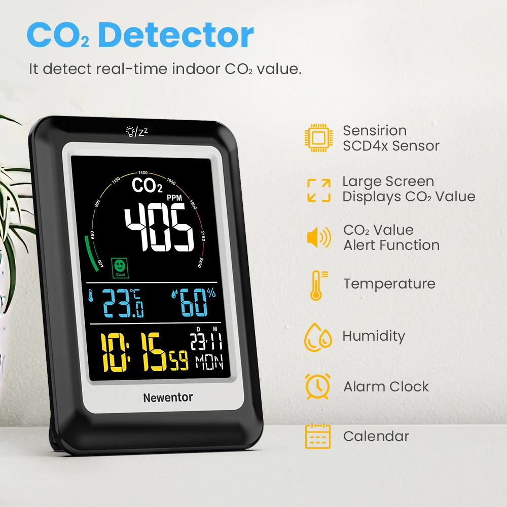 Датчик температуры и влажности воздуха Newentor CO2, гигрометр с будильником, календарем, монитором качества воздуха