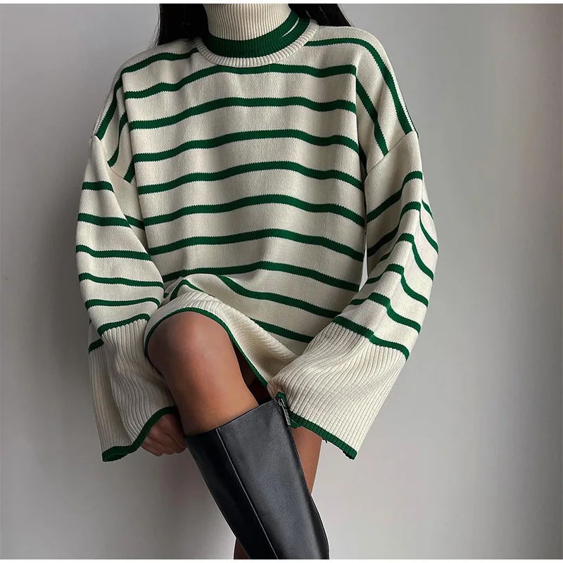 Autumn Winter Women Clothes Women Top Sweater Striped  Pullover Solid Color High Collar Loose Casual Women Outwear Woman Clothes