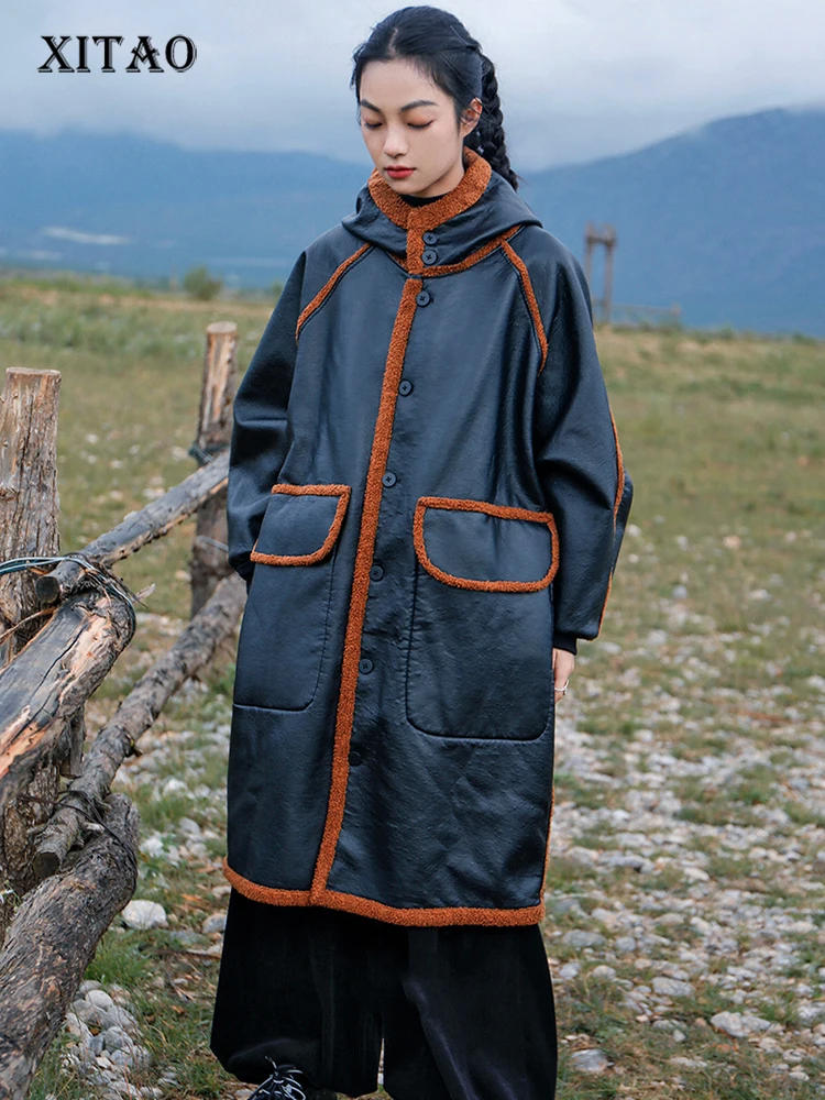 

XITAO Single Breasted Coats Women Korea 2022 Autumn New Arrival Personality Fashion Loose Hooded Full Sleeve Coats WLD10099