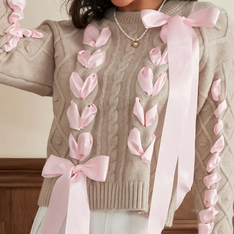 WPNAKS женский свитер с лентой осенняя зимняя одежда симпатичный пуловер круглым