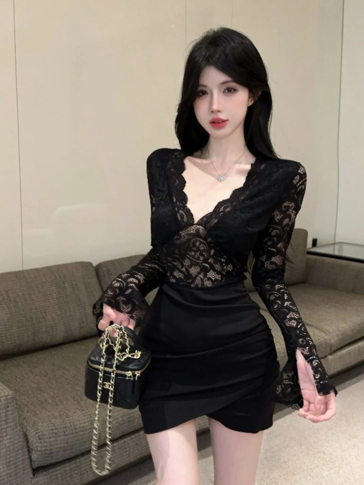 Французское платье Young Sle женское кружевное с v-образным вырезом и длинными