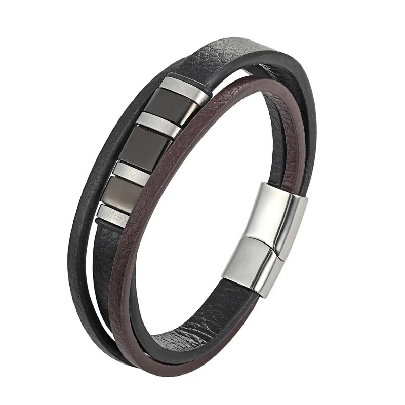 

Fashion Men's Leather Bracelet Jewelry Black/Brown Multilayer Leather Bracelet Stainless Steel Magnetic Buckle Bracelet Pulseira