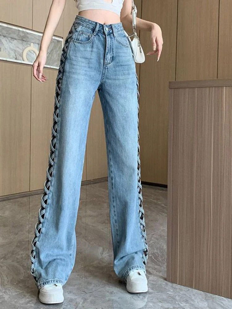 

Design Sense Side Knitted Hollow Out Wide Leg Jeans Women's Spring Summer 2023 High Waist Loose Slim Sweeping Floor Pants