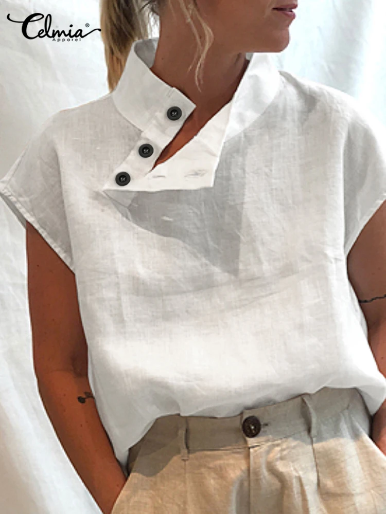Celmia Blus Lengan Pendek Wanita Kemeja Linen Katun Musim Panas 2022 Blus Besar Mode Atasan Tunik Solid Camisas Longgar Kasual