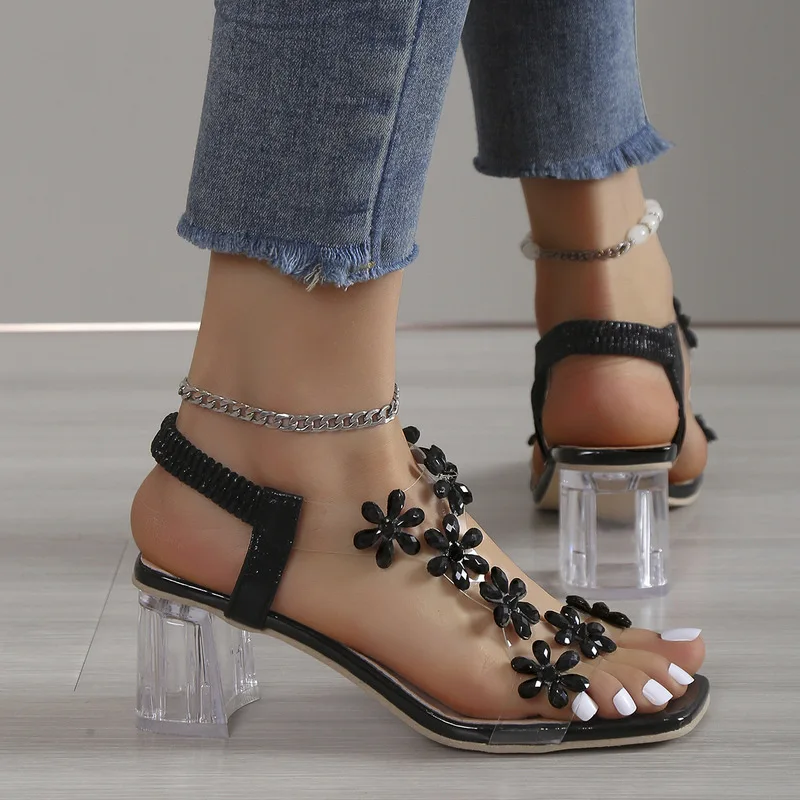 Transparent Square Heel Sandals For Women Luxury Flash Drill Summer High Heels Fashion Women's Shoes Low Heels Sandal Size 43