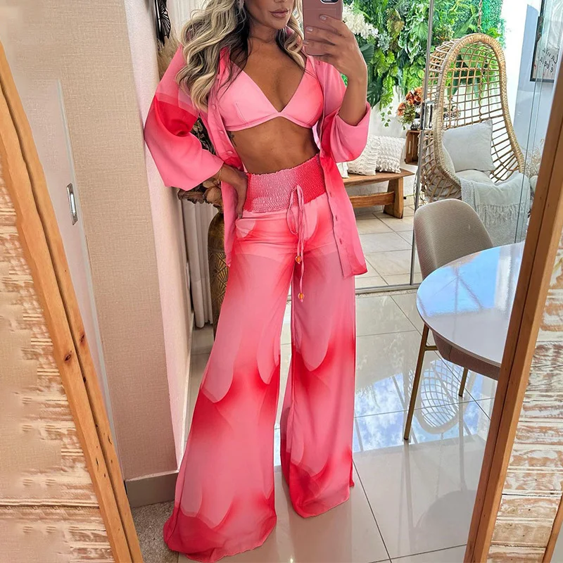 

Fashion Pink Gradient Print Shirt Outfits Summer Sexy Loose Shirt + Bra + Trousers Suits Women Boho Wide Leg Pants Two Piece Set