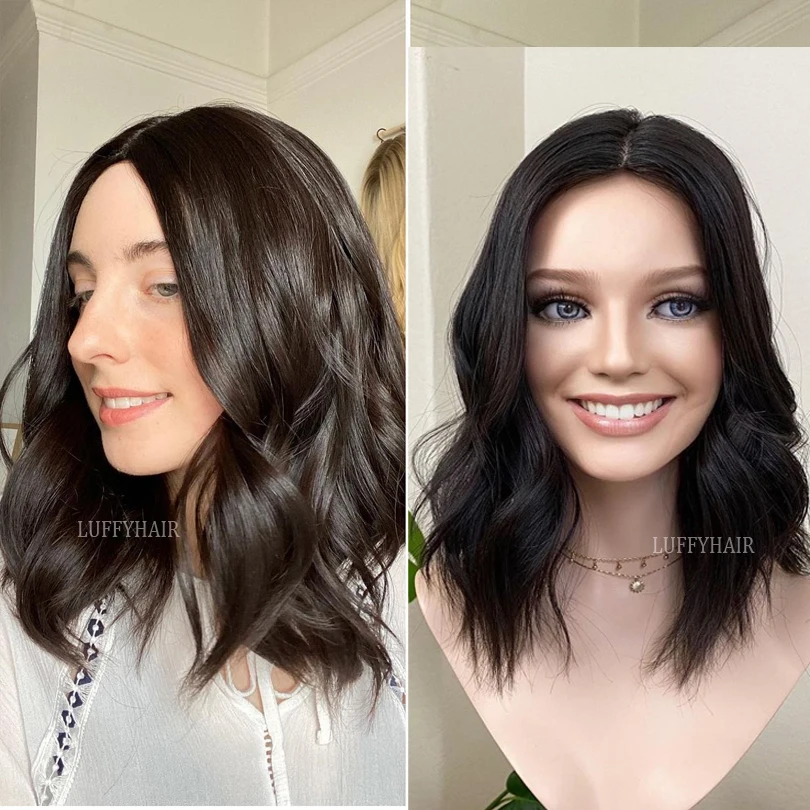

LUFFYHAIR короткие волосы боб волна Шелковый топ человеческие волосы парики для женщин шелковая база кружевные передние парики предварительно ...