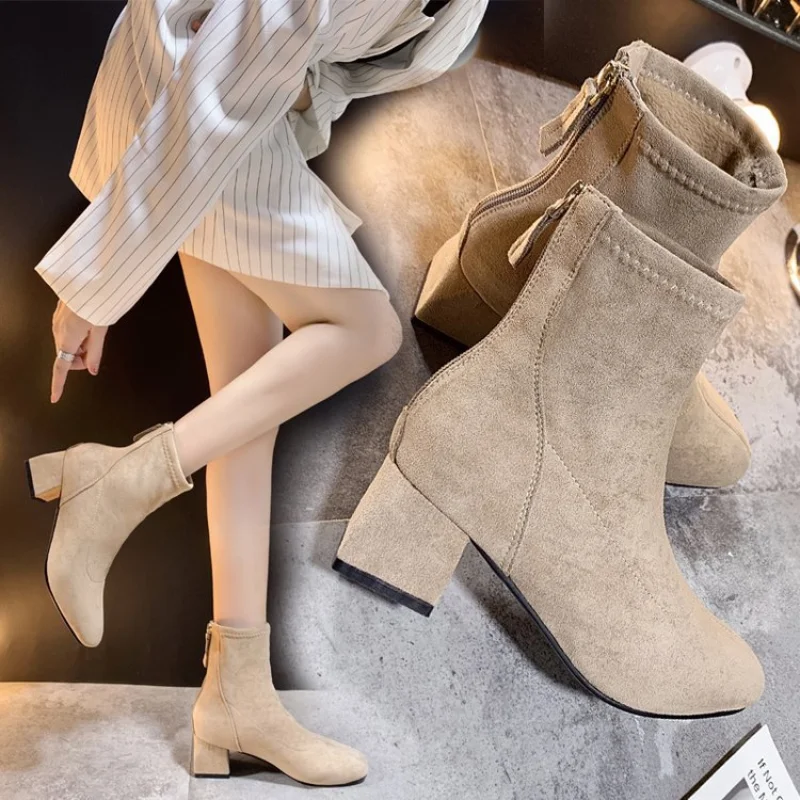 

Female Short Boots Women Shoes Suede Mid Heel Square Back Zipper Increase Non Slip Fashion s Platform Heels