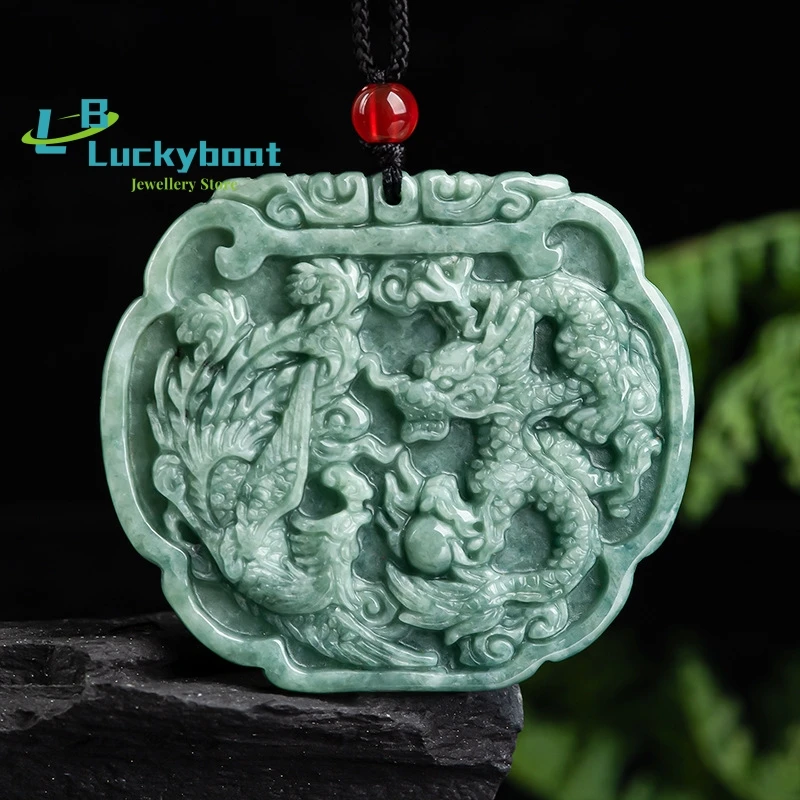 

Natural Jade Bean Green Dragon and Phoenix Pendant Charm Jewellery Women's Hand-Carved Necklace for Women Men Fashion Accessorie