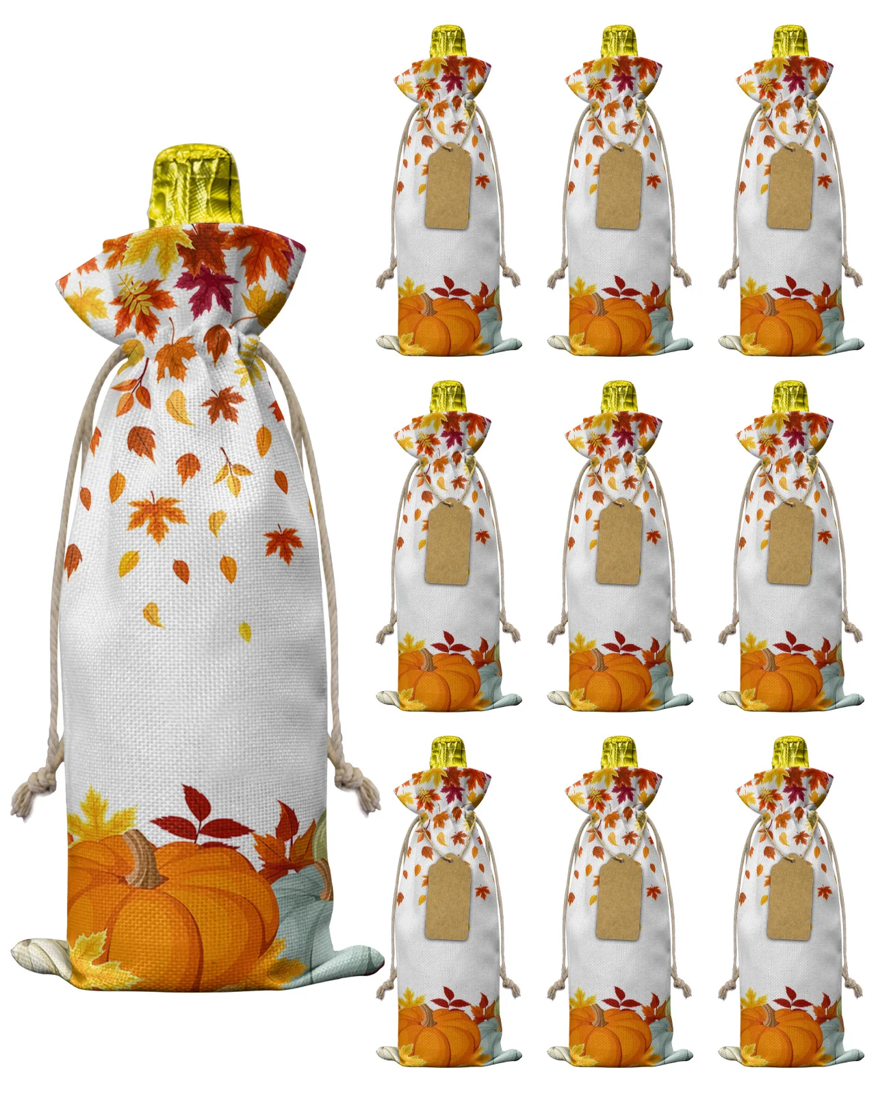 

10pcs Thanksgiving Fall Pumpkin Maple Leaf Wine Bottle Bag with Drawstring Wedding Festive Party Decor Wine Bottle Covers Gift