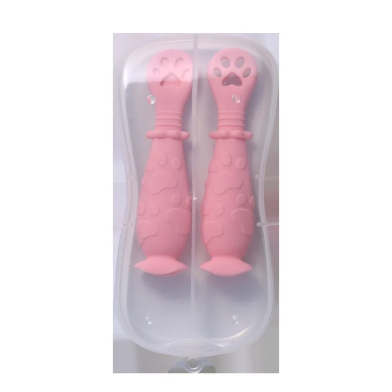 2Pcs/Set Baby Learn Spoon Set Short Easy Cartoon Silicone Teether Infant Anti-slip Feeding Training Utensils Tableware - купить по