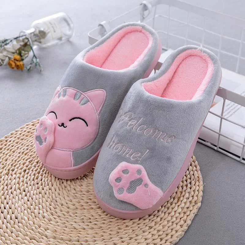 Women Winter Slippers Home Cartoon Cat Cute Shoes Non-slip Soft Warm Cotton Slippers Indoor Bedroom Couple Floor Shoes Cat Lucky