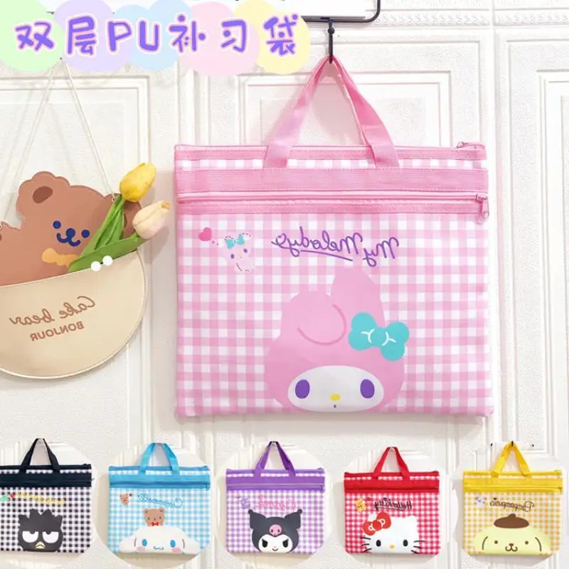 

35Cm Student Tutoring Bag Kawaii Sanrio Plush Kuromi Cinnamoroll Tote Bag Leather A4 Cartoon File Bag Double Zipper Storage Bag