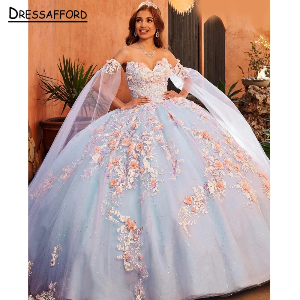 

Роскошные платья небесно-голубого цвета с 3D цветами, бальное платье 2023, милое платье принцессы с аппликацией, корсет 16