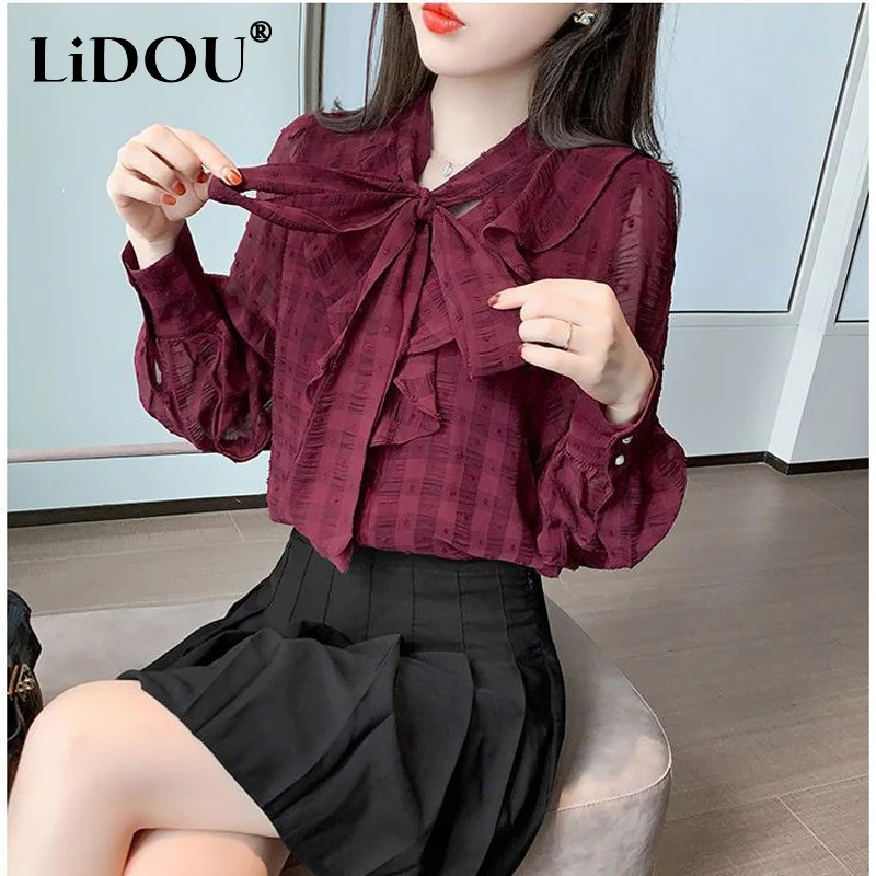 

2023 Spring New Women's Clothing V-neck Bow Solid Color Frenulum Button Bottoming Shirt Women Fashion All-match Casual Shirt