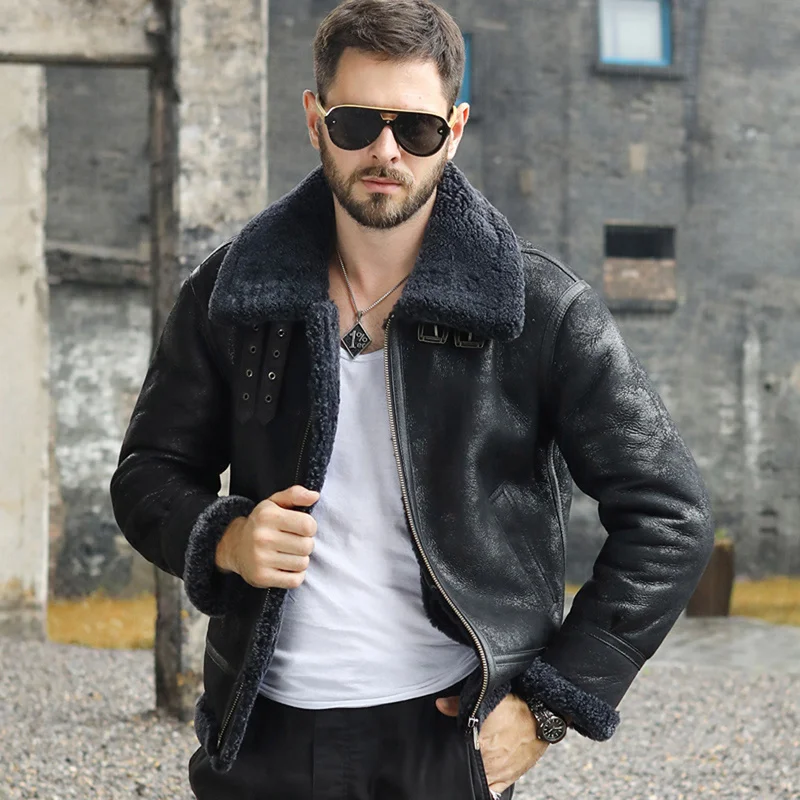 

Thick Winter Jacket Shearling Men Sheepskin Genuine Leather Coat male B3 Bomber Jacket Retro Aviator Outerwear Trench Flight