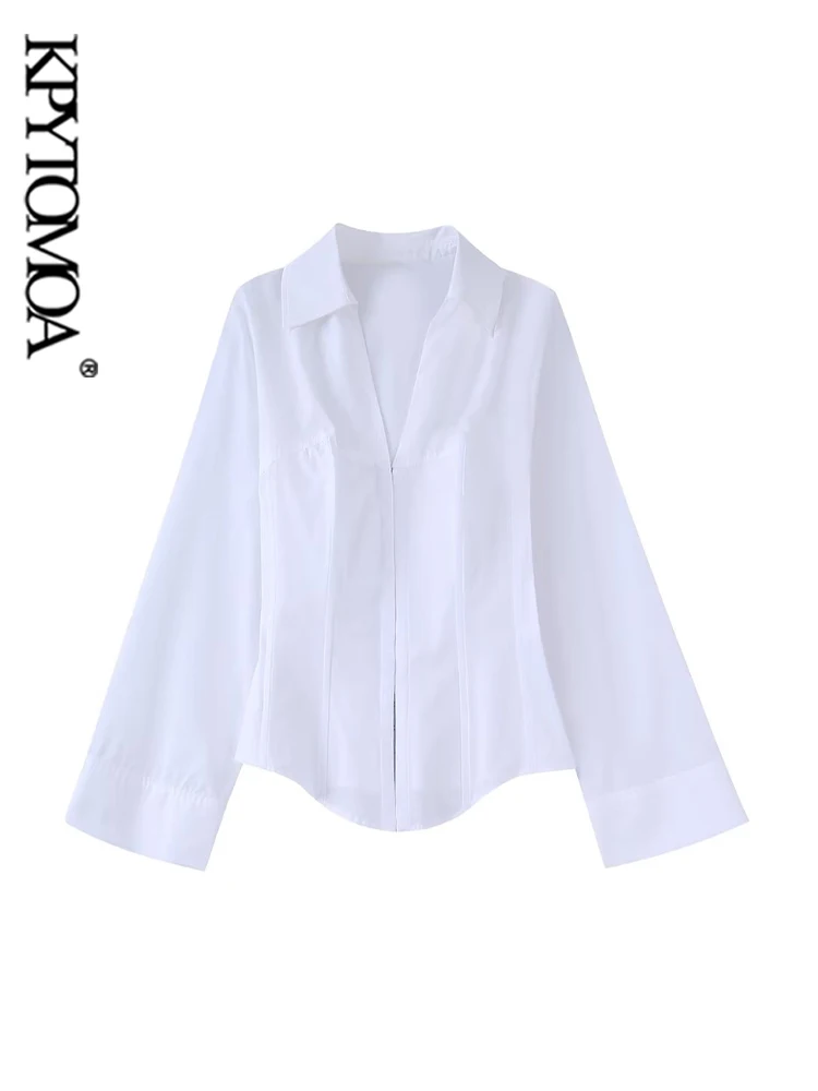 

KPYTOMOA Women Fashion Poplin Fitted Shirts Vintage Long Sleeve Front Metal Hooks Female Blouses Blusas Chic Tops