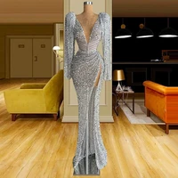 sparkly prom dress sequins long sleeves deep v neck sexy prom gown for women thigh slit mermaid glitter formal party dress 2022