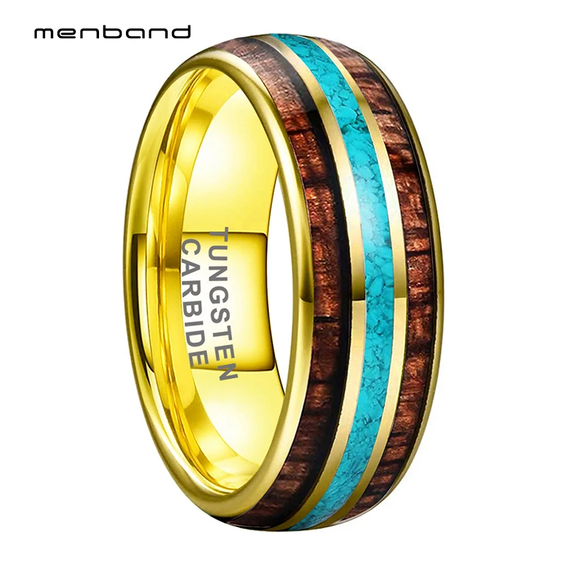 

8mm Gold Tungsten Carbide Ring for Men Women Engagement Wedding Band Crushed-Turquoise Koa Wood Inlay Domed Comfort Fit